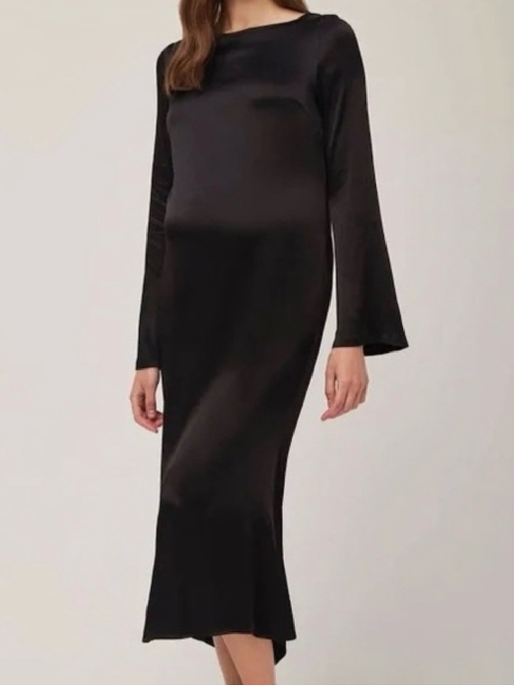 Bumpsuit Black Satin Long Sleeve Midi Dress - Classic Elegant Style